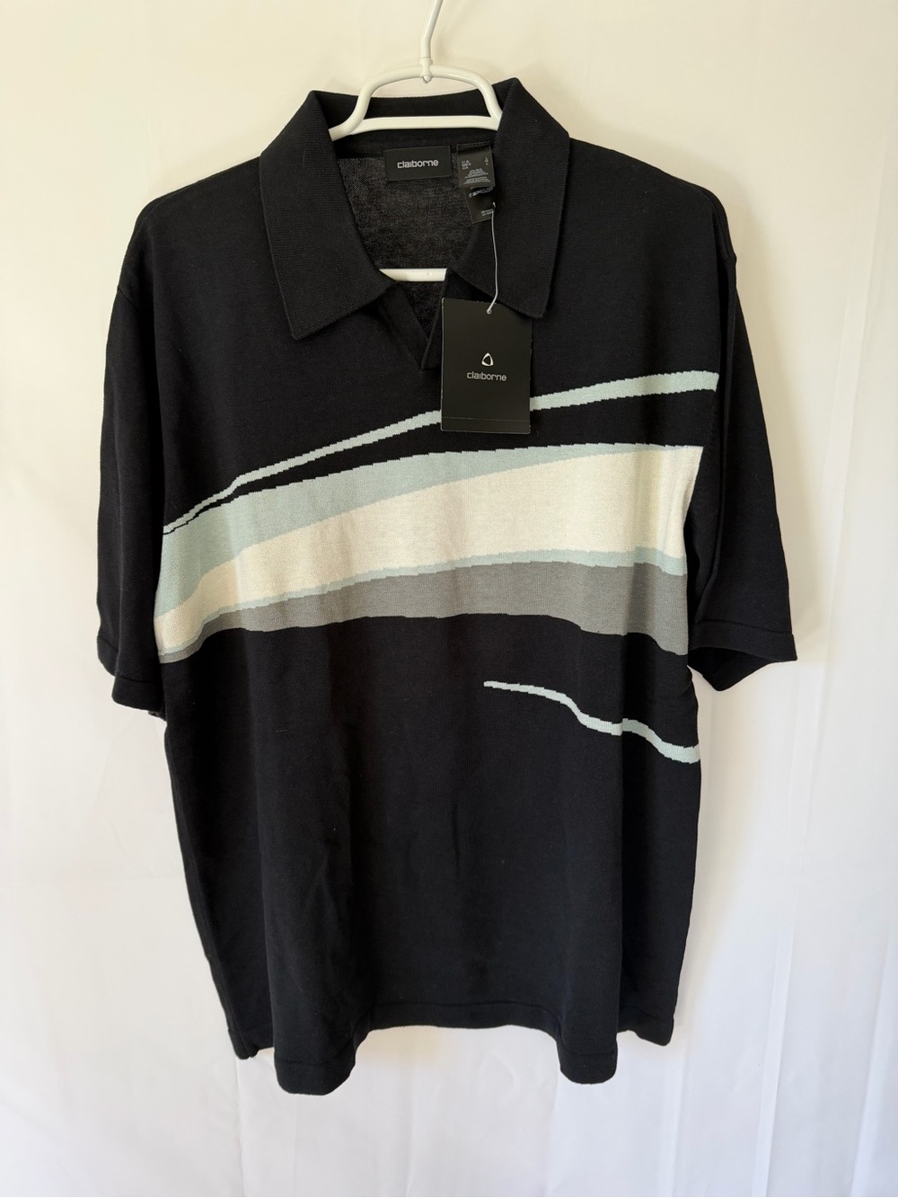 Claiborne Black Polo with Neutral Wave Stripe
